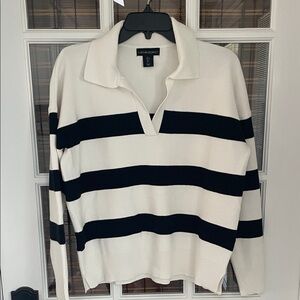 Cynthia Rowley Black and Cream Striped V-Neck Sweater